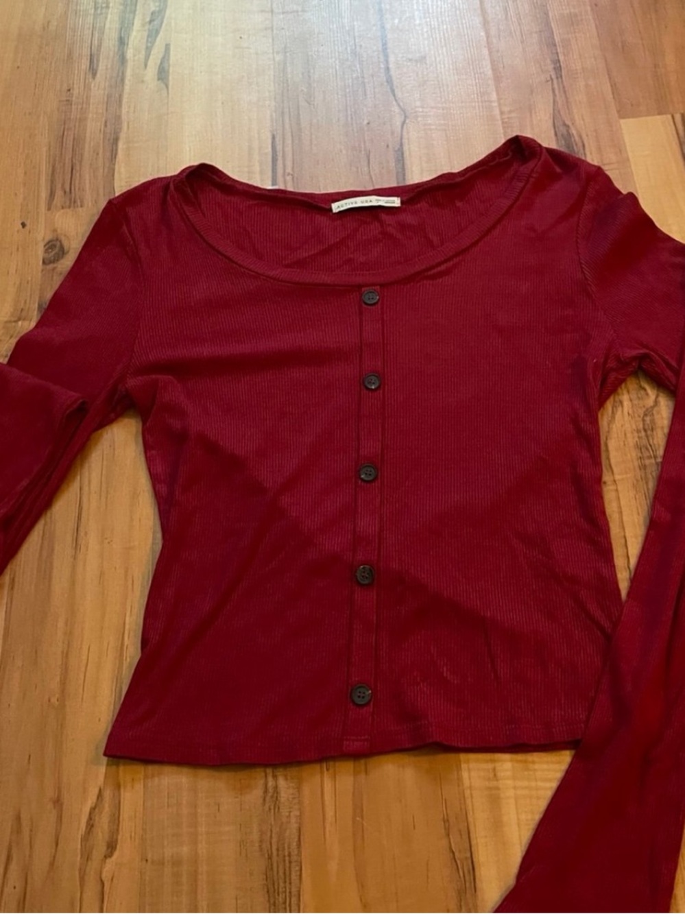 Active USA Ribbed Button-Down Long Sleeve Top - Wine Red